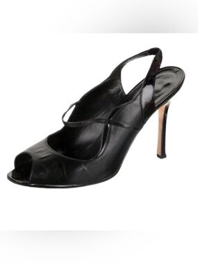 Manolo Blahnik Black Leather Printed Slingback Peep Toe Pumps – Size 36.5 Gift